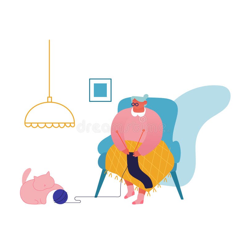 Femeie senior stând pe canapea în sufragerie tricotând pisica de îmbrăcăminte jucând cu clei. hobby de manevră stock illustration