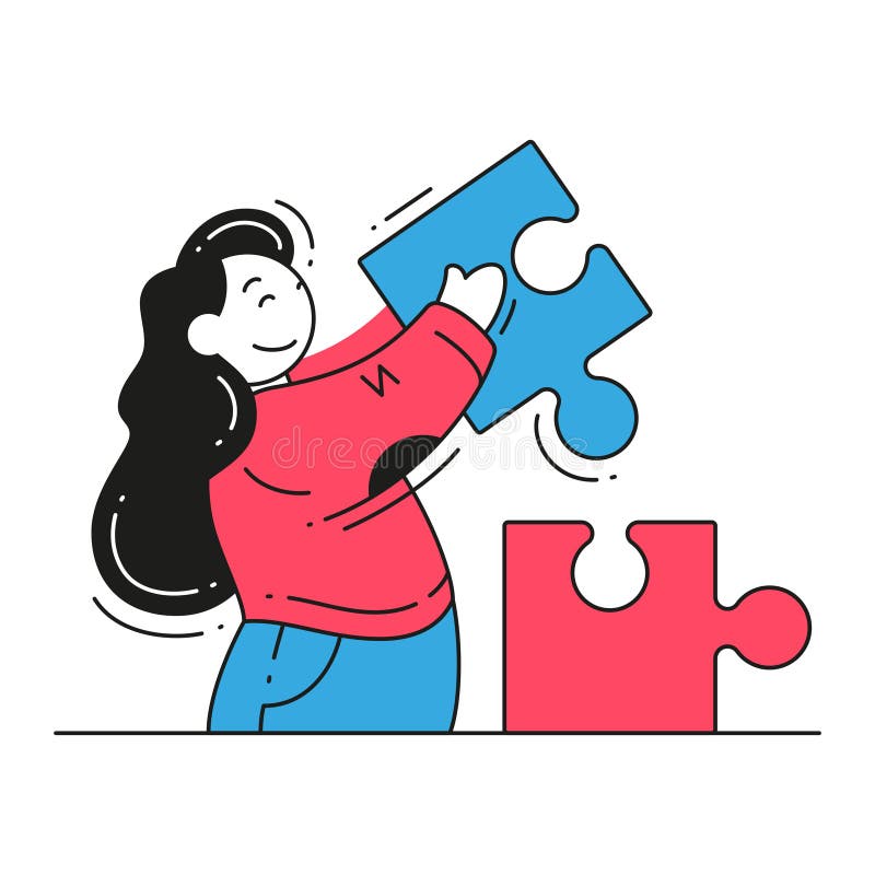 Femeie zâmbitoare care conectează bucățile de puzzle care rezolvă problema făcând ca vectorul de decizie să fie o ilustrare simplă vector illustration