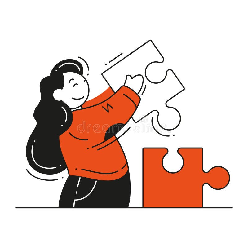 Femeie zâmbitoare care conectează bucățile de puzzle care rezolvă problema făcând ca vectorul de decizie să fie o ilustrare simplă vector illustration