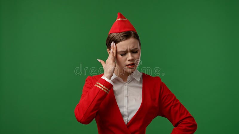 Femeie îmbrăcată ca stewardesă hostess aer în uniformă roșie atingând cap având dureri de cap obosit expresie izolată pe stock video