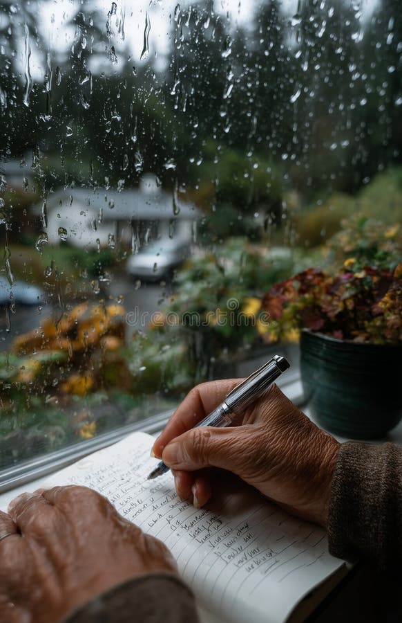 Femeie în vârstă scriind pe notebook-ul de fereastra ploios stock image