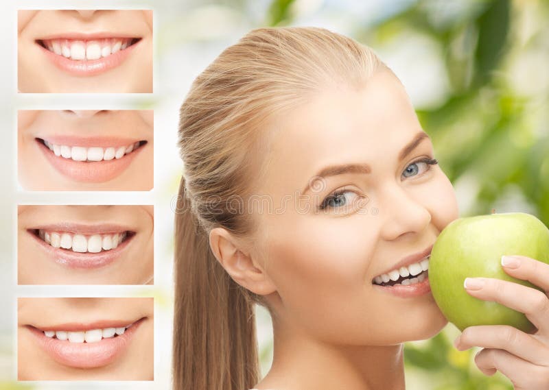 Femelle avec la pomme et les sourires images libres de droits Femelle avec la pomme et les sourires images libres de droits