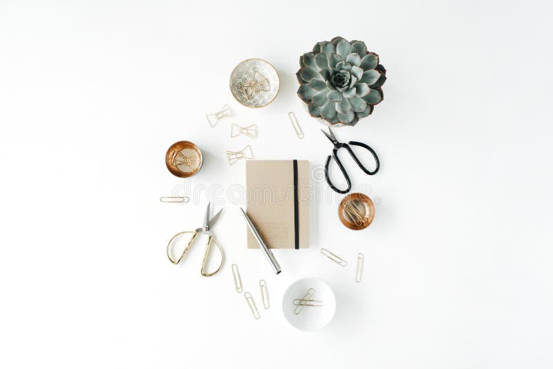 Feminine desk workspace with succulent, scissors, diary and golden clips stock photos Feminine desk workspace with succulent, scissors, diary and golden clips stock photos