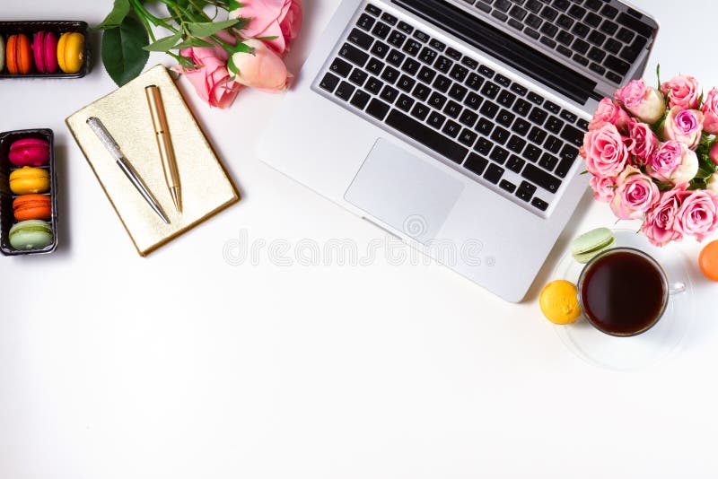 Feminine workspace, top view stock photos
