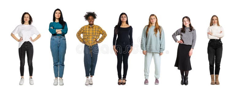 Feminism, women's rights. Set of different, multi ethnic people, young women standing isolated over white background stock photo