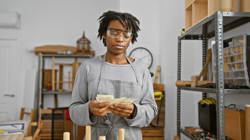 Femme africaine en tablier à l'atelier de menuiserie tenant de l'argent à l'intérieur photographie stock libre de droits