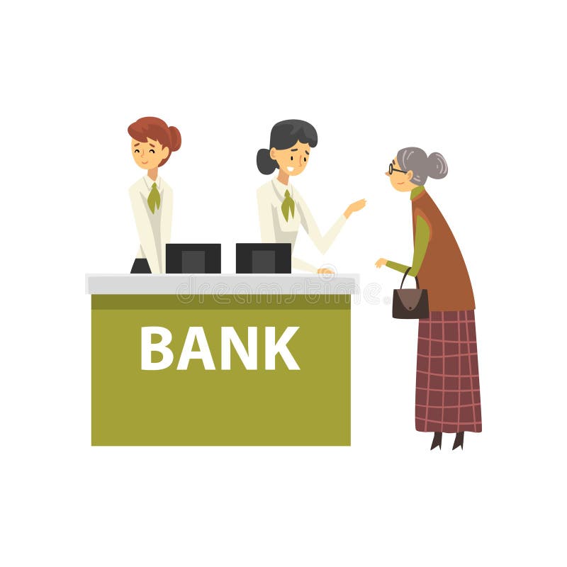 Femme agée consultant au directeur, illustration de vecteur de client de réunion de service de réception de bureau de banque illustration stock Femme agée consultant au directeur, illustration de vecteur de client de réunion de service de réception de bureau de banque illustration stock