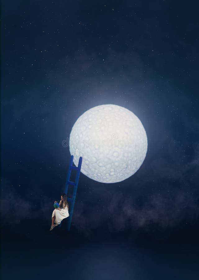 Femme artistique de concept reposant sur des escaliers sous la peinture de lune sa propre terre photo stock Femme artistique de concept reposant sur des escaliers sous la peinture de lune sa propre terre photo stock