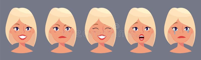 Femme assez blonde de jeunes, visages mignons avec différentes émotions Belle fille de bande dessinée illustration libre de droits Femme assez blonde de jeunes, visages mignons avec différentes émotions Belle fille de bande dessinée illustration libre de droits