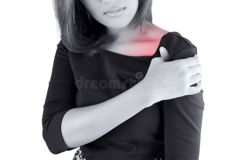 Femme avec douleur d'épaule photos libres de droits Femme avec douleur d'épaule photos libres de droits