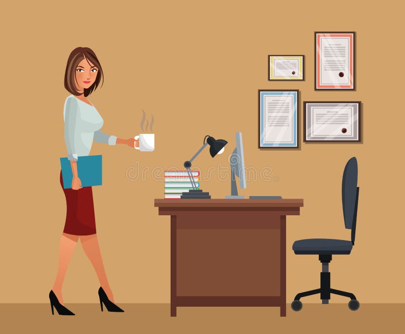 Femme avec la lampe d'ordinateur portable de chaise de bureau de café de tasse illustration libre de droits Femme avec la lampe d'ordinateur portable de chaise de bureau de café de tasse illustration libre de droits