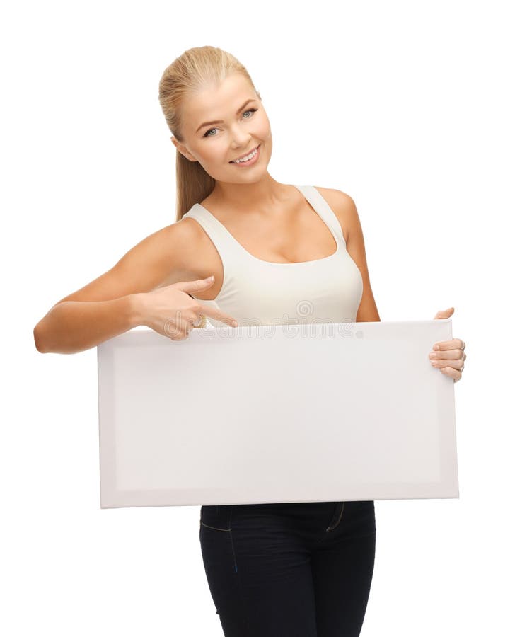Femme avec le conseil vide blanc photo libre de droits Femme avec le conseil vide blanc photo libre de droits