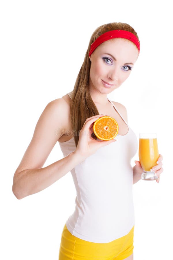 Femme avec le jus et le fruit d'orange photos stock Femme avec le jus et le fruit d'orange photos stock