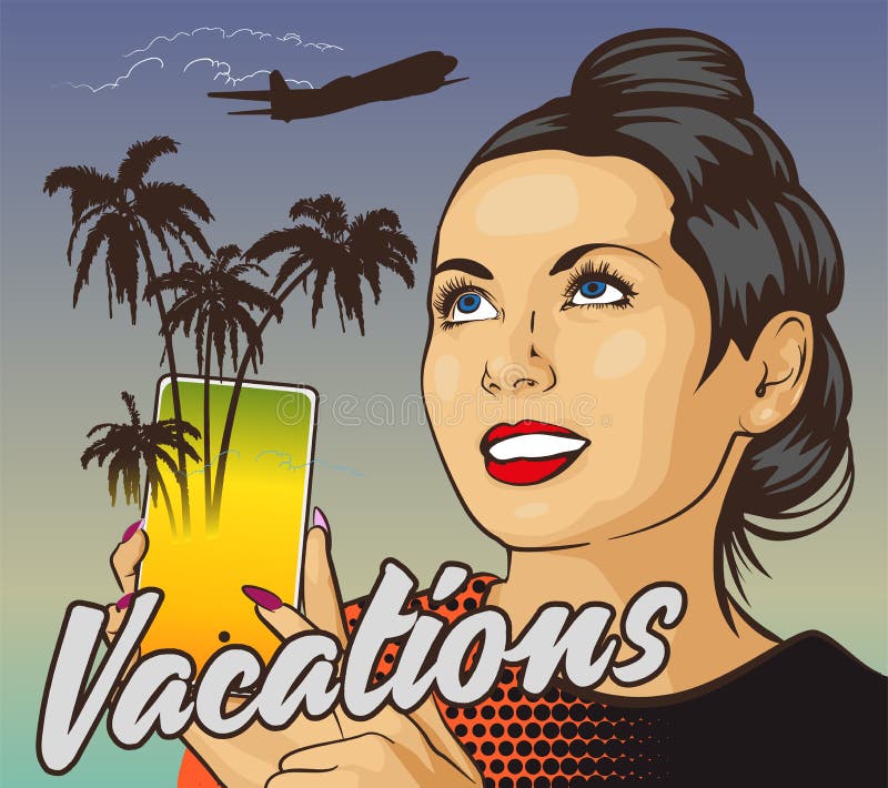 Femme avec le smartphone de participation de sourire Palmiers d'écran Mouche de jet sur le fond Service en ligne de r illustration de vecteur Femme avec le smartphone de participation de sourire Palmiers d'écran Mouche de jet sur le fond Service en ligne de r illustration de vecteur