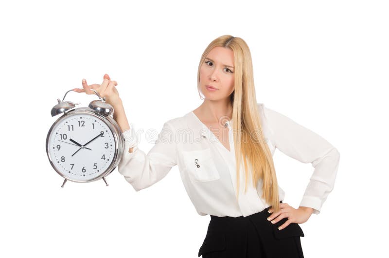 Femme d'affaires avec l'horloge d'isolement images stock Femme d'affaires avec l'horloge d'isolement images stock