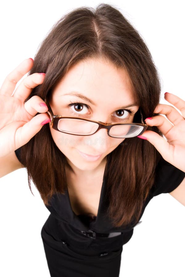 Femme d'affaires avec la verticale grande-angulaire de lunettes photographie stock