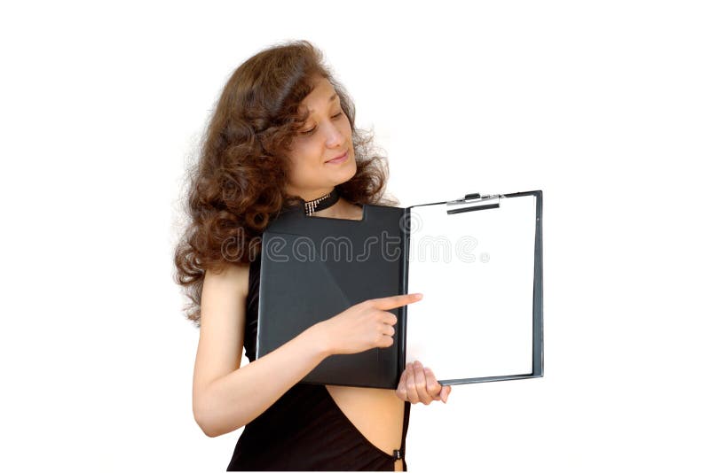 Femme d'affaires jugeant un dépliant de fichier d'isolement images stock Femme d'affaires jugeant un dépliant de fichier d'isolement images stock