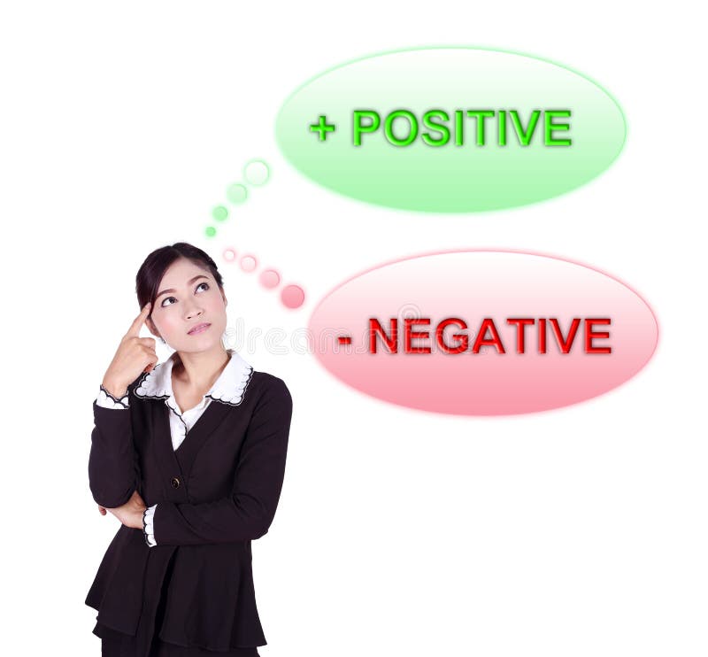 Femme d'affaires pensant à la pensée positive et négative photographie stock libre de droits Femme d'affaires pensant à la pensée positive et négative photographie stock libre de droits