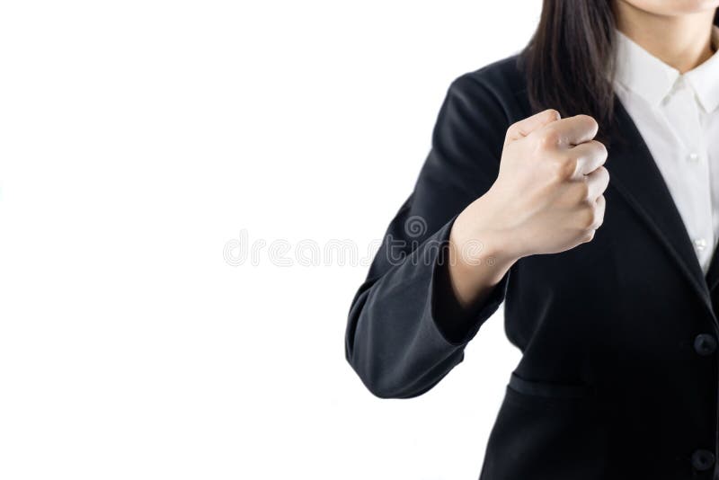 Femme d'affaires portant la poignée noire d'exposition de position de costume d'accomplissements d'isolement sur le fond blanc El photos libres de droits Femme d'affaires portant la poignée noire d'exposition de position de costume d'accomplissements d'isolement sur le fond blanc El photos libres de droits