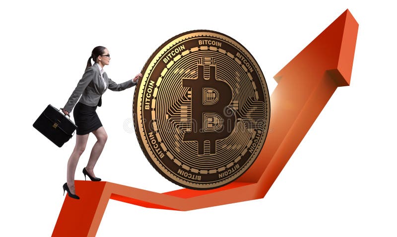 Femme d'affaires poussant le bitcoin dans le conce de blockchain de cryptocurrency image libre de droits Femme d'affaires poussant le bitcoin dans le conce de blockchain de cryptocurrency image libre de droits
