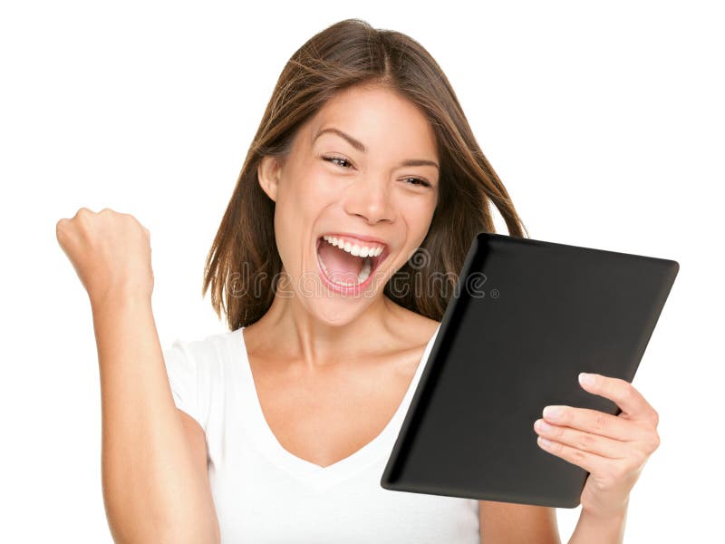 Femme d'ordinateur de tablette gagnant excited heureux photo libre de droits Femme d'ordinateur de tablette gagnant excited heureux photo libre de droits