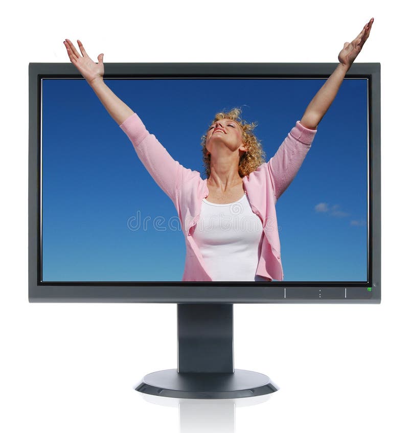 Woman in worship getting out of a monitor isolated on white. Woman in worship getting out of a monitor isolated on white