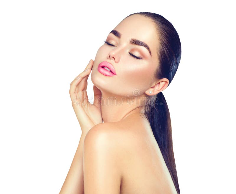 Femme de brune de station thermale de beauté touchant son visage Soins de la peau images libres de droits Femme de brune de station thermale de beauté touchant son visage Soins de la peau images libres de droits