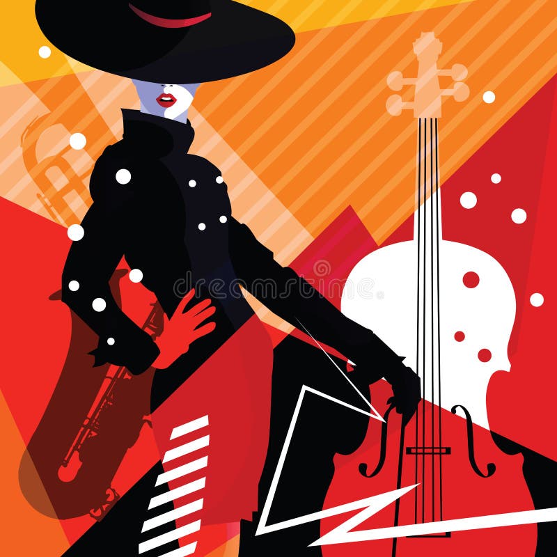 Fashion woman in style pop art on abstract musical background. Colourful jazz poster with trumpet, contrabass and saxophone. Fashion woman in style pop art on abstract musical background. Colourful jazz poster with trumpet, contrabass and saxophone