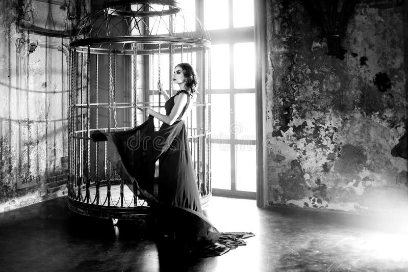Femme de modèle de brune de beauté dans la robe de soirée près d'une cage énorme photo libre de droits Femme de modèle de brune de beauté dans la robe de soirée près d'une cage énorme photo libre de droits