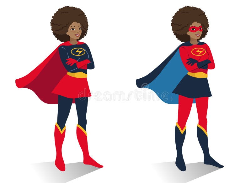 Femme de super héros d'afro-américain dans la position de costume et de masque