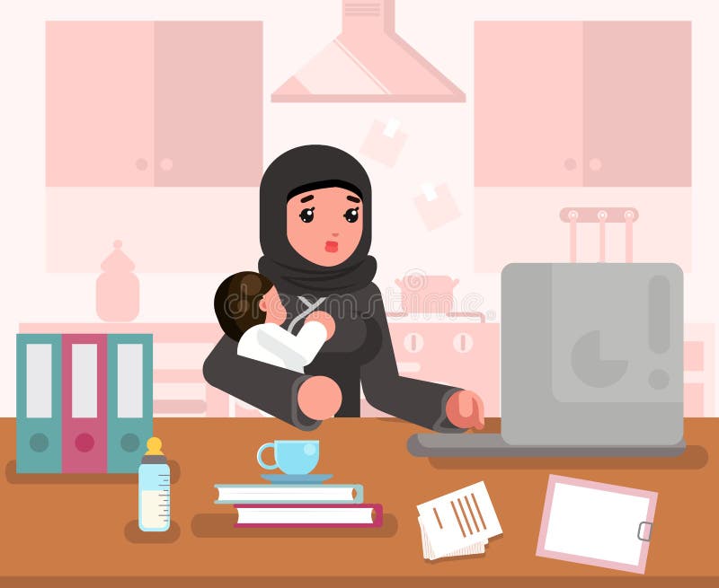Femme de étude travaillante arabe de mère avec le concept de construction plat de robe traditionnelle intérieure de fond de pièce illustration libre de droits Femme de étude travaillante arabe de mère avec le concept de construction plat de robe traditionnelle intérieure de fond de pièce illustration libre de droits