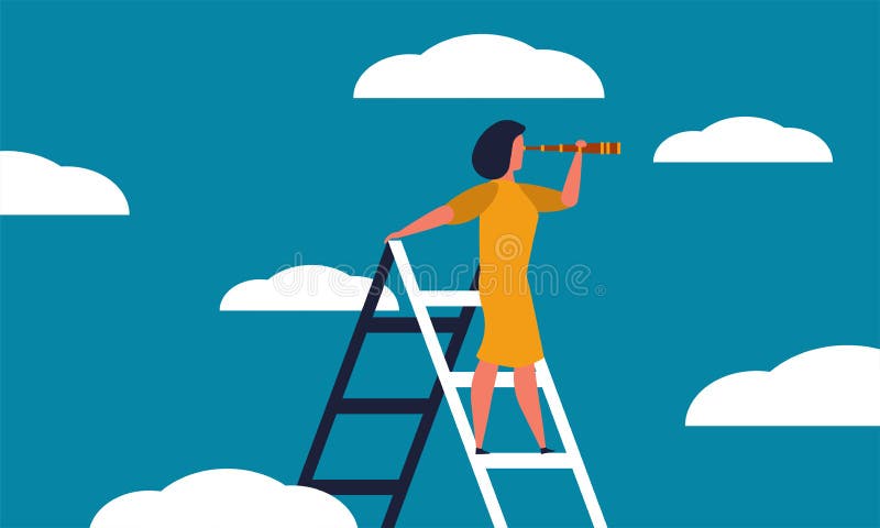 Femme dirigeante cherchant un télescope sur l'échelle et la réalisation d'affaires chef femme . guide d'affaires et vecteur d'inég