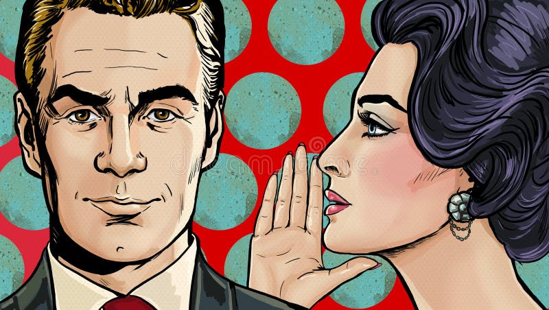 Femme doucement dire quelque chose à sourire homme pop art couple conversation. chuchotement des secrets. couple de potins illustration de vecteur