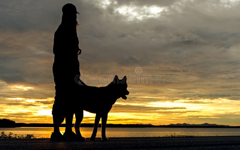 Femme décontractée et chien de Silhoutte appréciant le coucher du soleil ou le lever de soleil d'été au-dessus du support de rivi photo stock Femme décontractée et chien de Silhoutte appréciant le coucher du soleil ou le lever de soleil d'été au-dessus du support de rivi photo stock