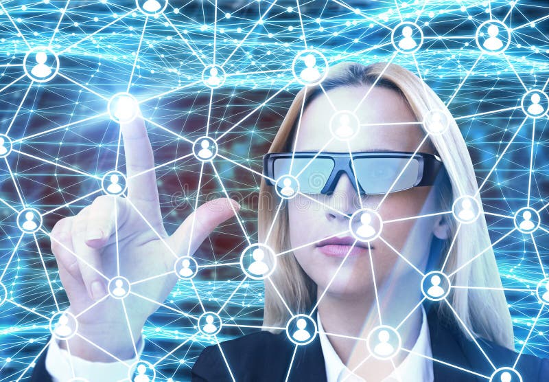 Femme en verres augmentés de réalité, réseau images libres de droits Femme en verres augmentés de réalité, réseau images libres de droits