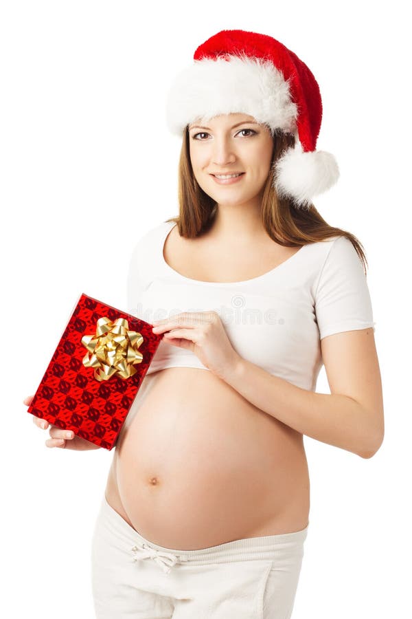 Femme Enceinte De Noël Dans Le Chapeau De Santa, Le Boîte-cadeau