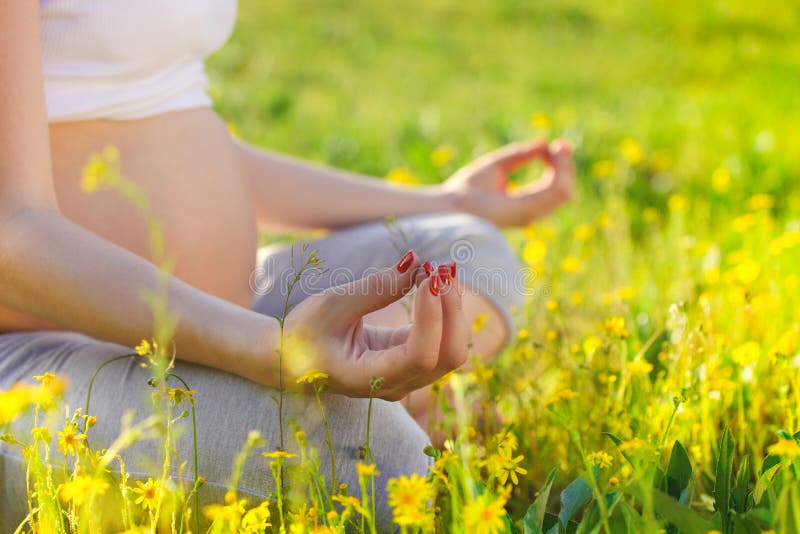 Femme enceinte en bonne santé faisant le yoga en nature dehors photos libres de droits Femme enceinte en bonne santé faisant le yoga en nature dehors photos libres de droits