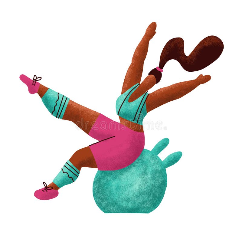 Femme faisant l'exercice de forme physique Fille plus de taille sautant joyeux sur un fitball Madame habillée dans un uniforme fo illustration stock Femme faisant l'exercice de forme physique Fille plus de taille sautant joyeux sur un fitball Madame habillée dans un uniforme fo illustration stock