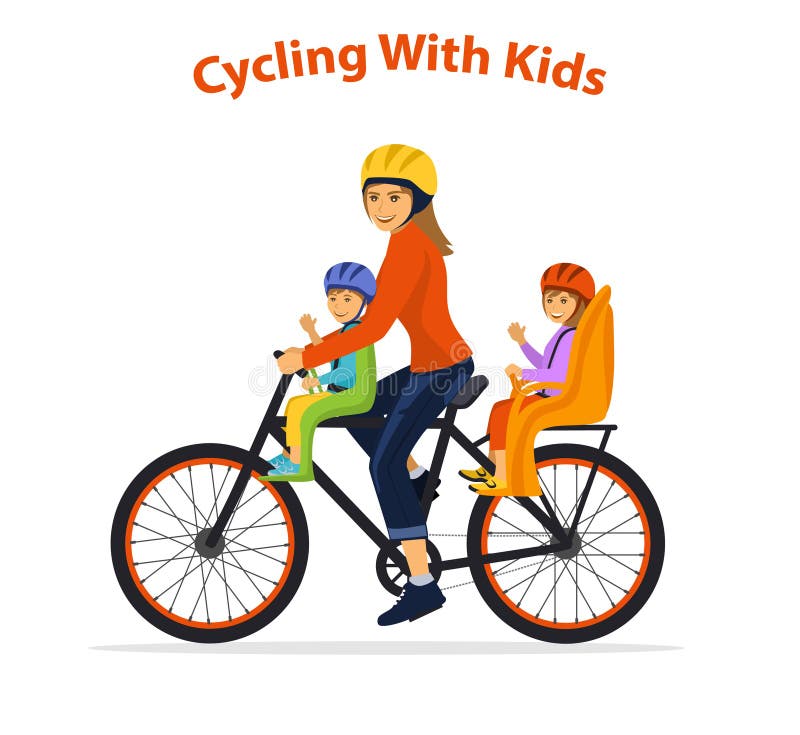Femme faisant un cycle avec ses enfants, garçon et fille