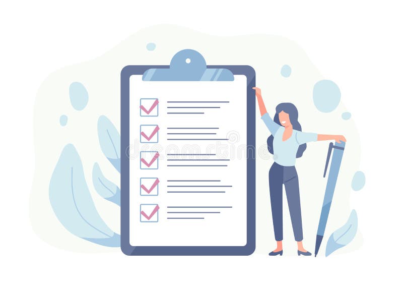 Femme heureuse se tenant près de la liste de contrôle et du stylo de participation géants Concept de l'achèvement réussi des tâch illustration stock Femme heureuse se tenant près de la liste de contrôle et du stylo de participation géants Concept de l'achèvement réussi des tâch illustration stock