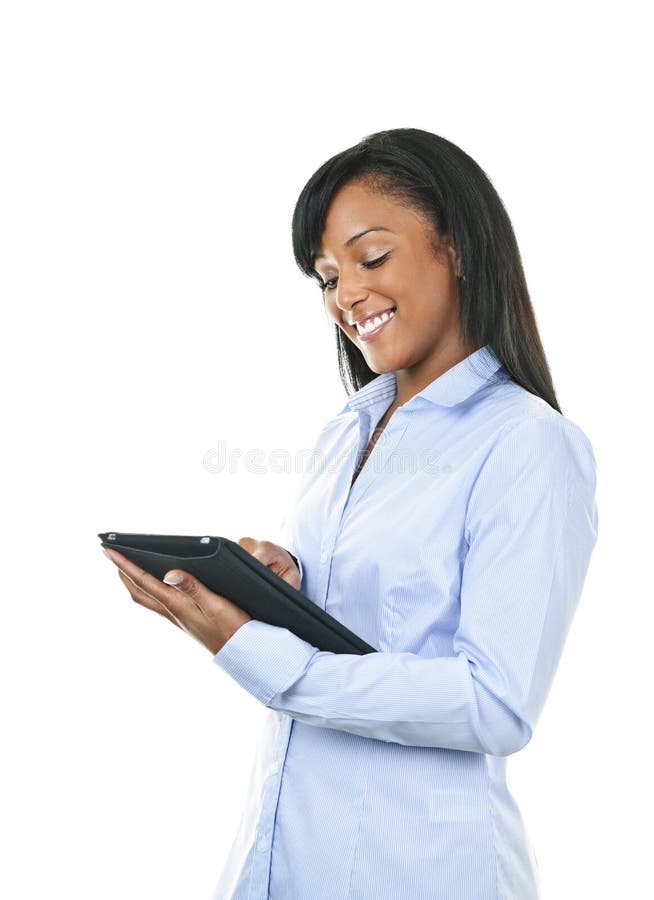 Femme heureux avec l'ordinateur de tablette photographie stock Femme heureux avec l'ordinateur de tablette photographie stock