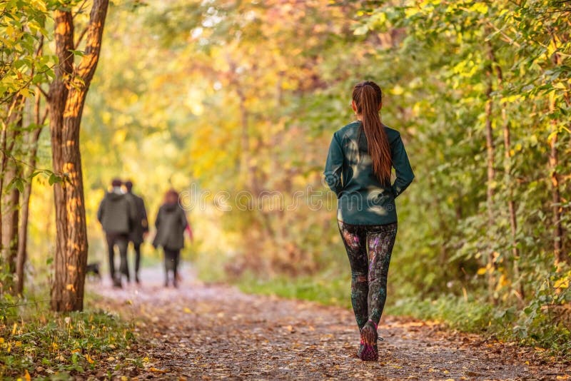 Femme marchant dans la promenade de navigation nature de forêt d'automne sur le fond en bois de piste. Fille heureuse reposant sur image stock