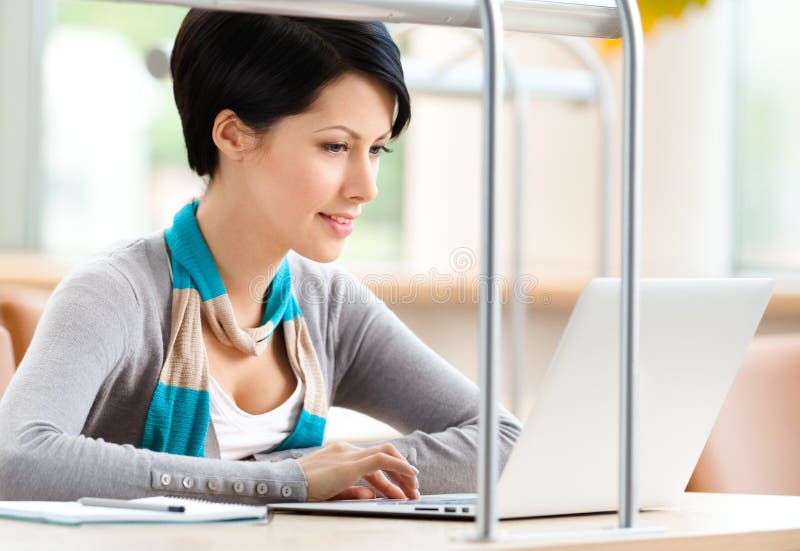 Femme parcourant sur l'ordinateur portatif photos stock Femme parcourant sur l'ordinateur portatif photos stock