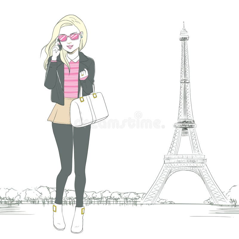 Femme parlant Smartphone Paris illustration de vecteur Femme parlant Smartphone Paris illustration de vecteur