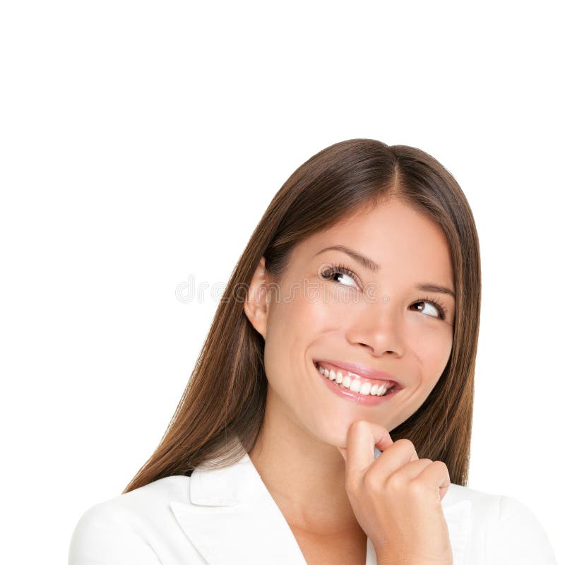 Femme pensant d'isolement sur le fond blanc images stock