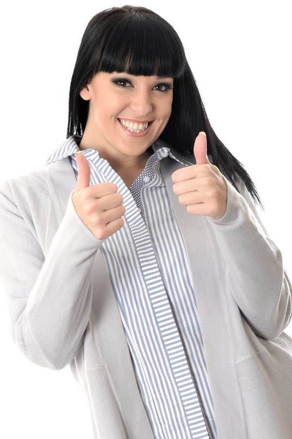 Femme positive heureuse gaie heureuse avec des pouces photographie stock libre de droits Femme positive heureuse gaie heureuse avec des pouces photographie stock libre de droits