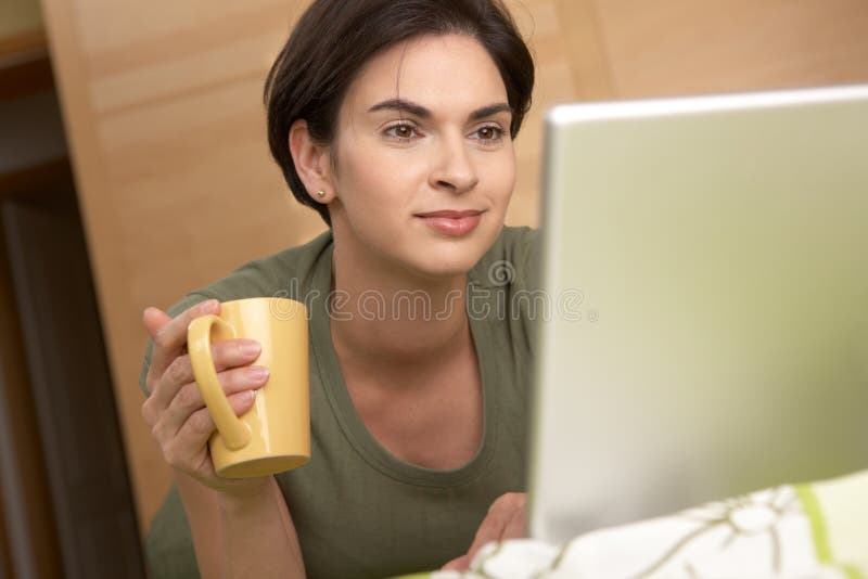 Femme regardant l'écran d'ordinateur portatif souriant à la maison images libres de droits Femme regardant l'écran d'ordinateur portatif souriant à la maison images libres de droits