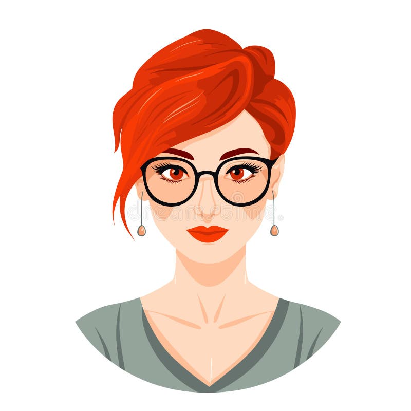 Redhaired woman wearing glasses earrings, illustration fashionable female, confident expression portrait isolated white. Young caucasian adult stylish haircut, trendy makeup attire, professional. Redhaired woman wearing glasses earrings, illustration fashionable female, confident expression portrait isolated white. Young caucasian adult stylish haircut, trendy makeup attire, professional