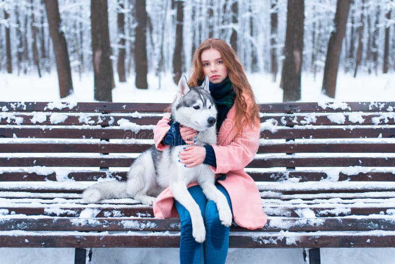 Femme s'asseyant sur le banc avec le chien de traîneau sibérien photo stock Femme s'asseyant sur le banc avec le chien de traîneau sibérien photo stock