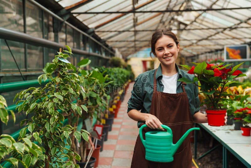 Femme souriante arrosage des plantes pendant qu'elle travaille en serre photographie stock libre de droits